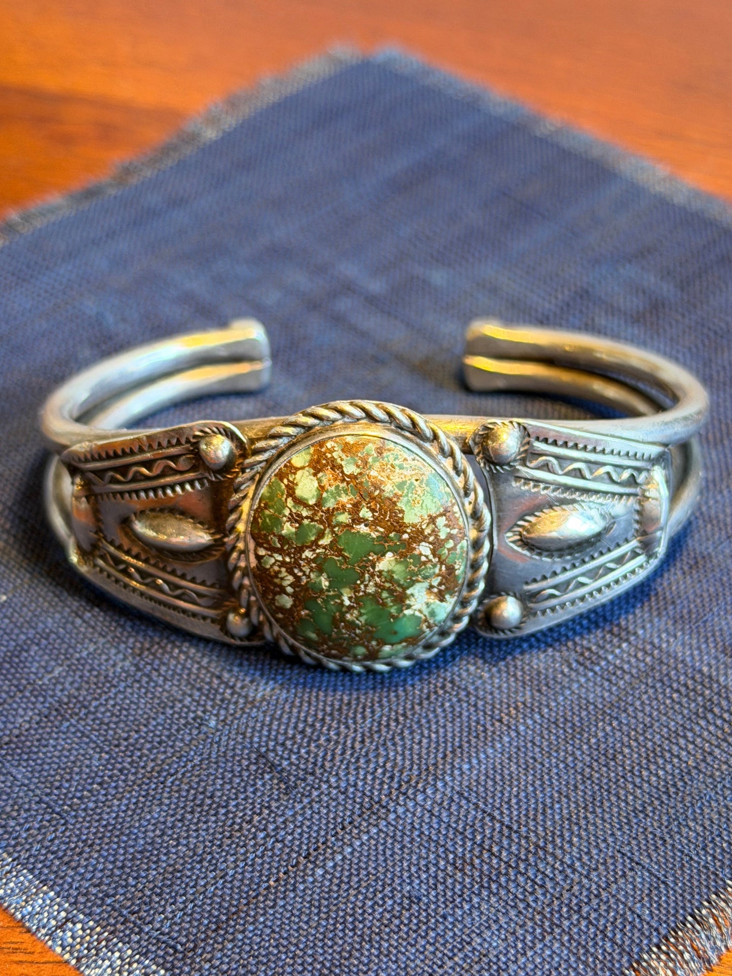 Pre-1950s Navajo Green Turquoise Cuff — Stamped Shoulders, Double Shank