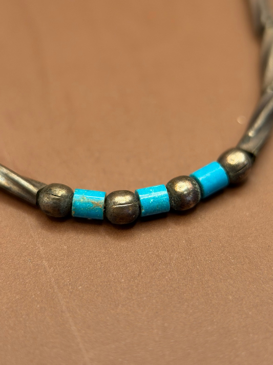 Thin Silver Bead Necklace, Turquoise Accents