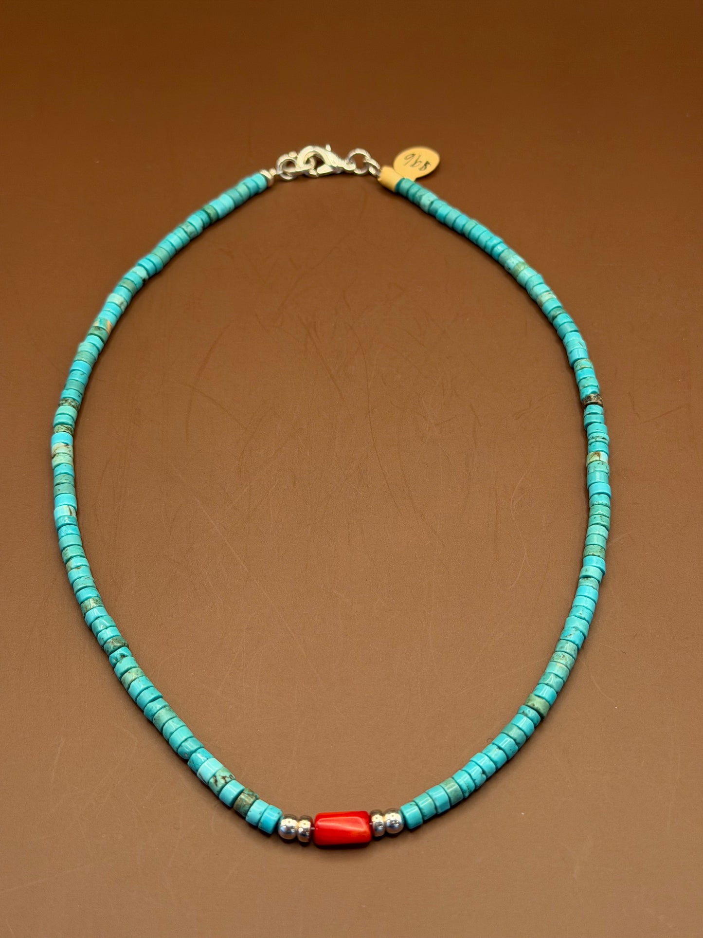 Turquoise Heishi Necklace with Coral Accent