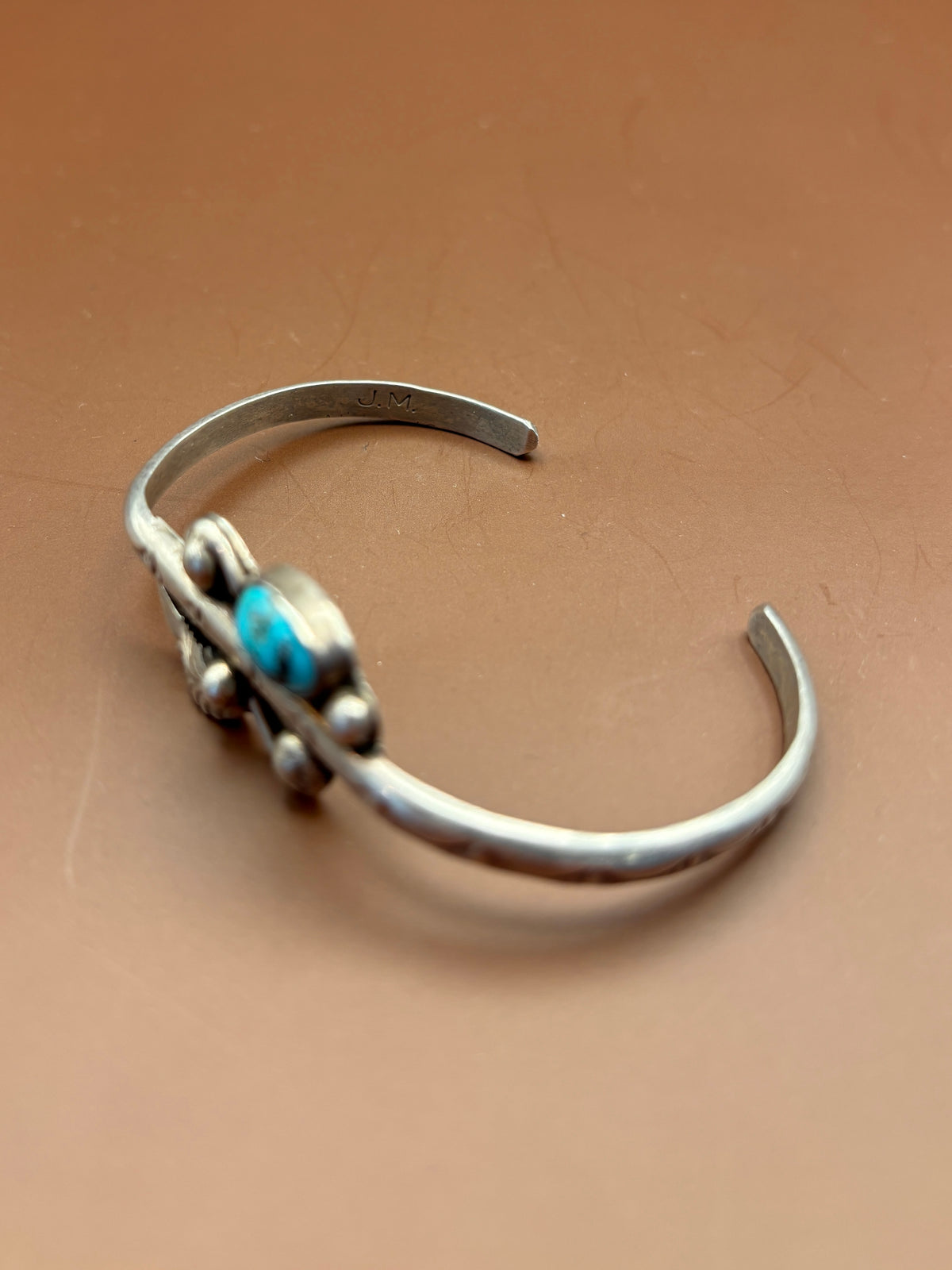 Vintage Navajo Sterling Silver Leaf & Feather Turquoise Cuff Bracelet – Signed J.M. - Size 7"