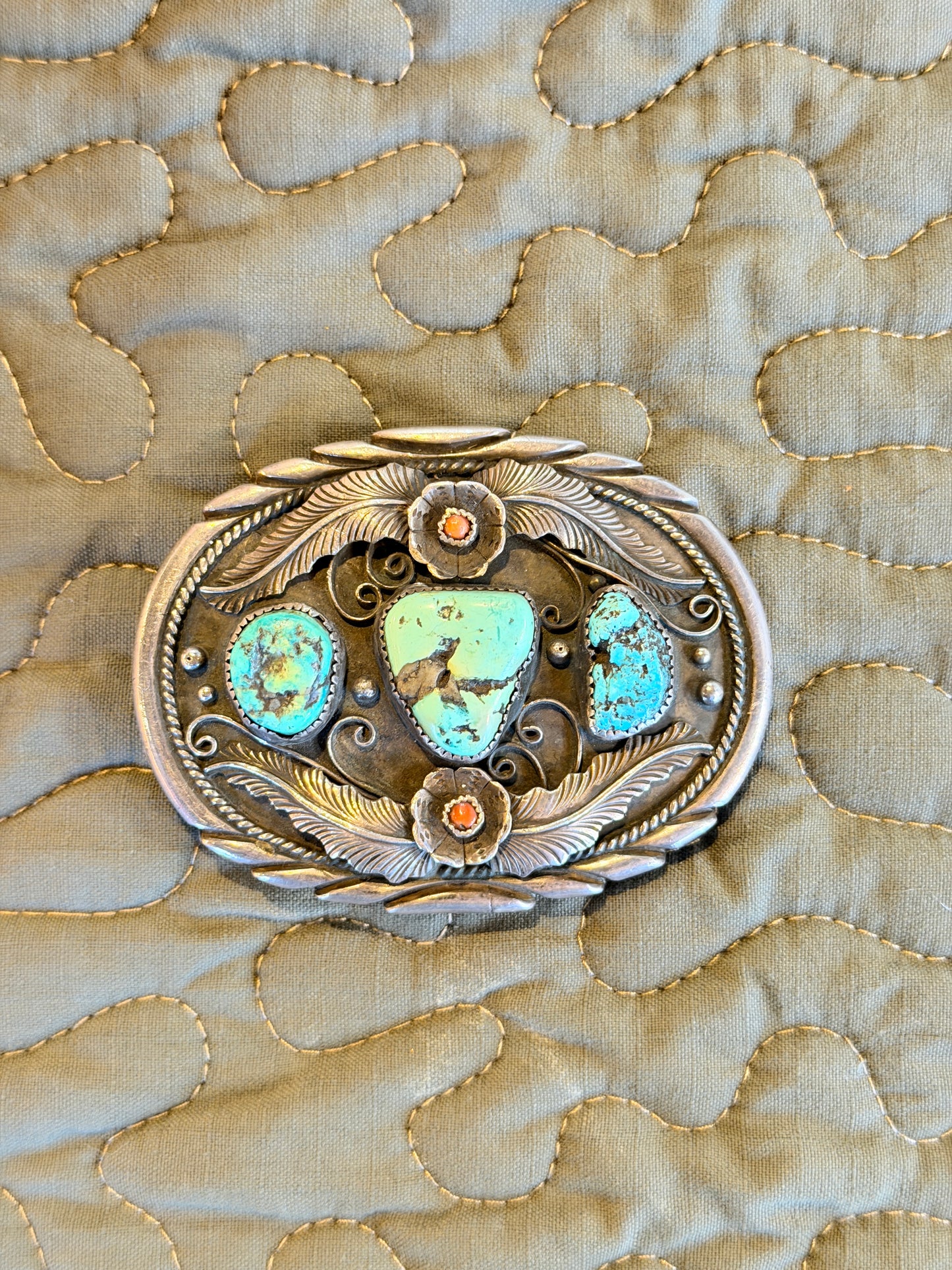 Sterling Turquoise Belt Buckle — Three-Stone Cluster, Coral Accents