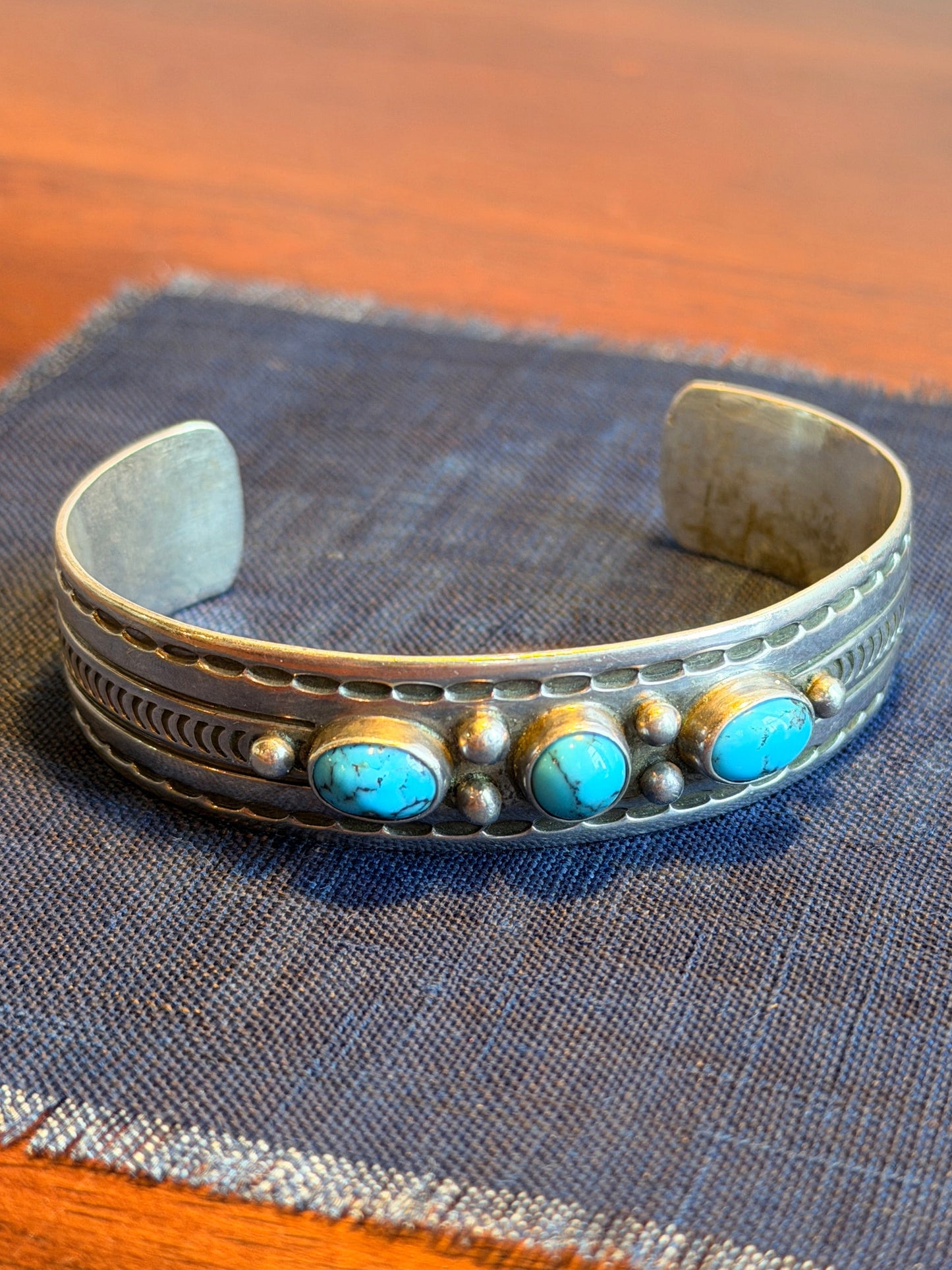 Pre-1950s Navajo Three-Stone Turquoise Cuff — Sky Blue, Silver Beadwork