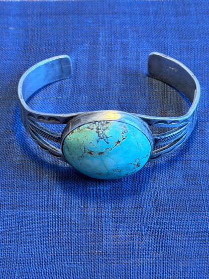 Pre-1950s Navajo Statement Cuff — Large Round Turquoise, Split Shank
