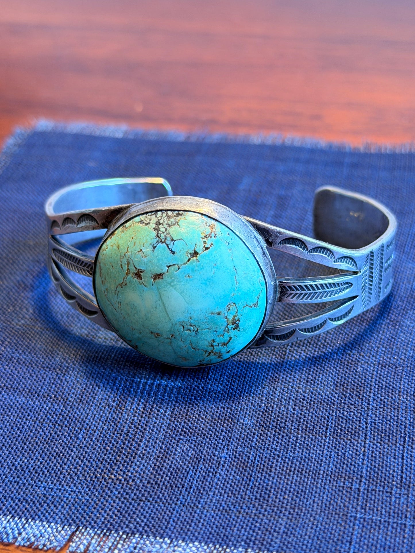 Pre-1950s Navajo Statement Cuff — Large Round Turquoise, Split Shank
