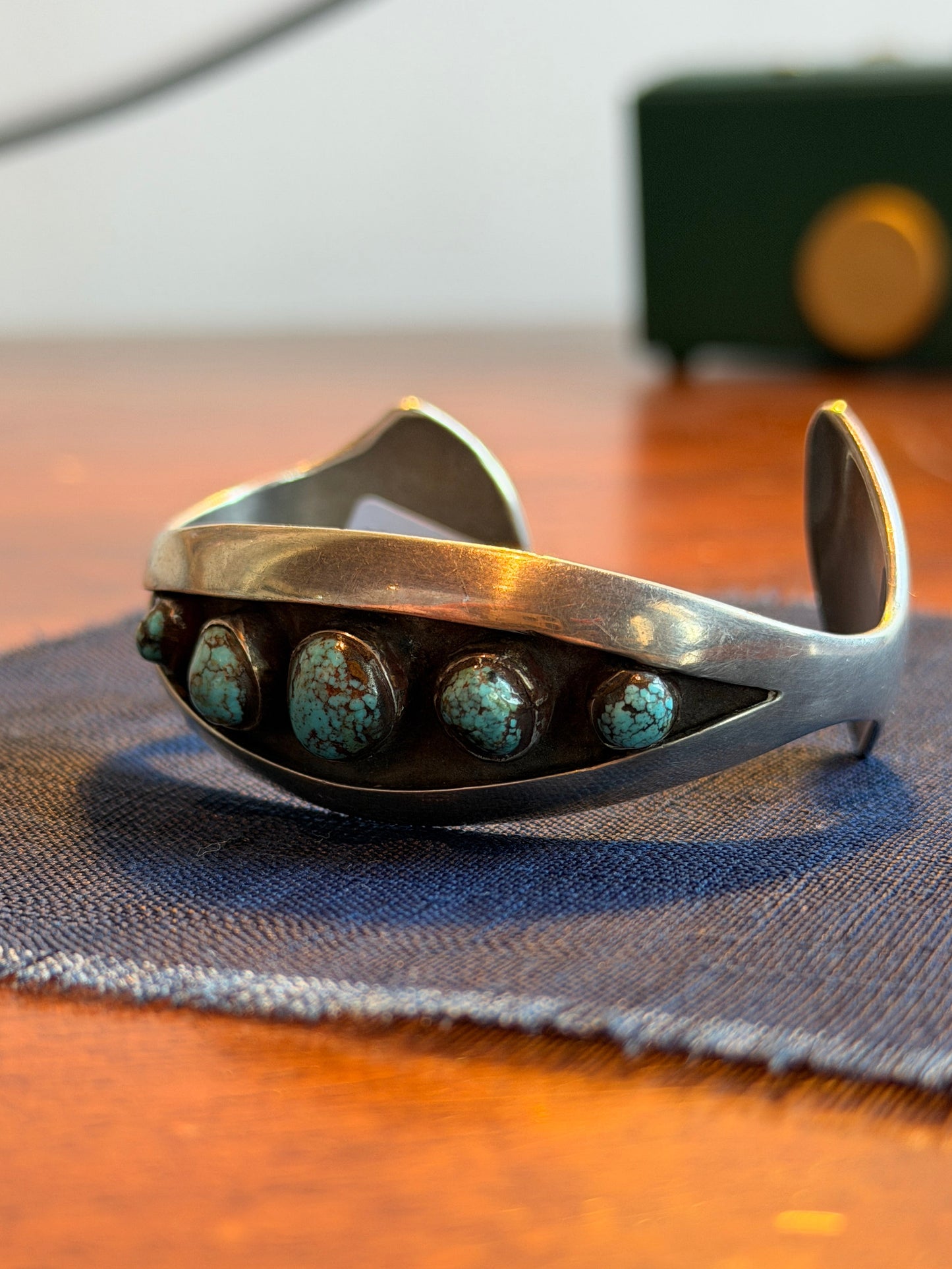 Pre-1950s Navajo Five-Stone Spiderweb Turquoise Cuff — Heavy Sterling