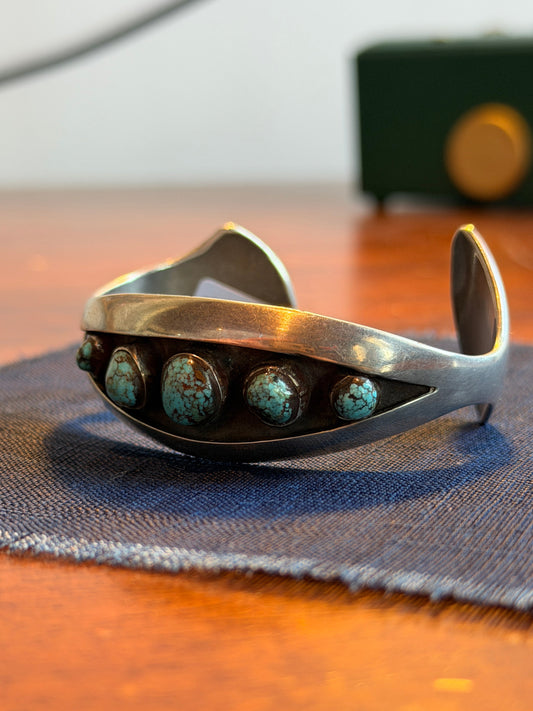 Pre-1950s Navajo Five-Stone Spiderweb Turquoise Cuff — Heavy Sterling