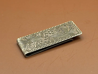 Sterling Silver Money Clip — Floral Scroll Engraving