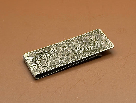Sterling Silver Money Clip — Floral Scroll Engraving