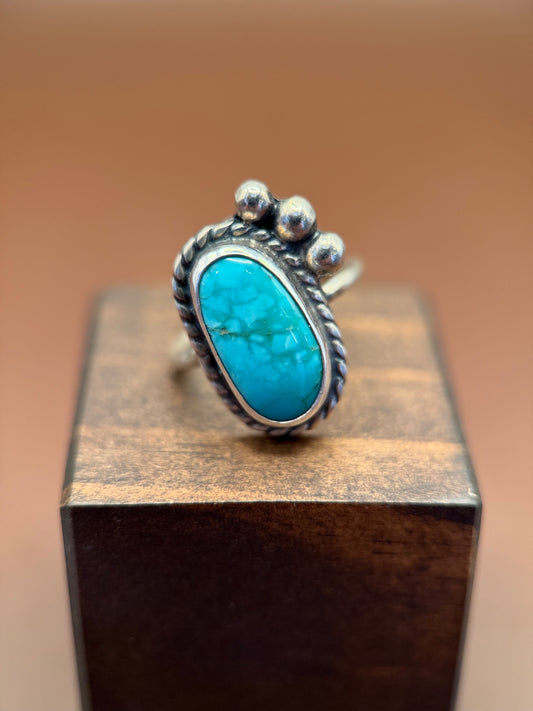 Oval Turquoise Ring with Beaded Silver Trim