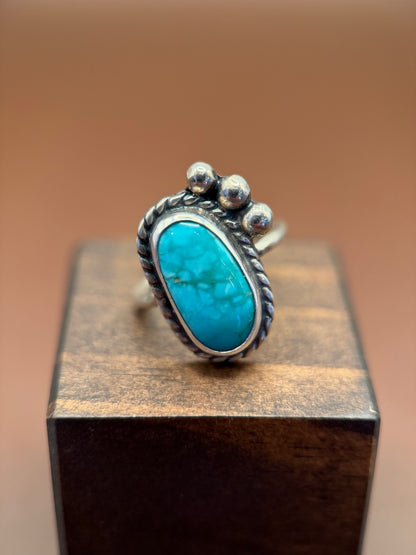 Oval Turquoise Ring with Beaded Silver Trim