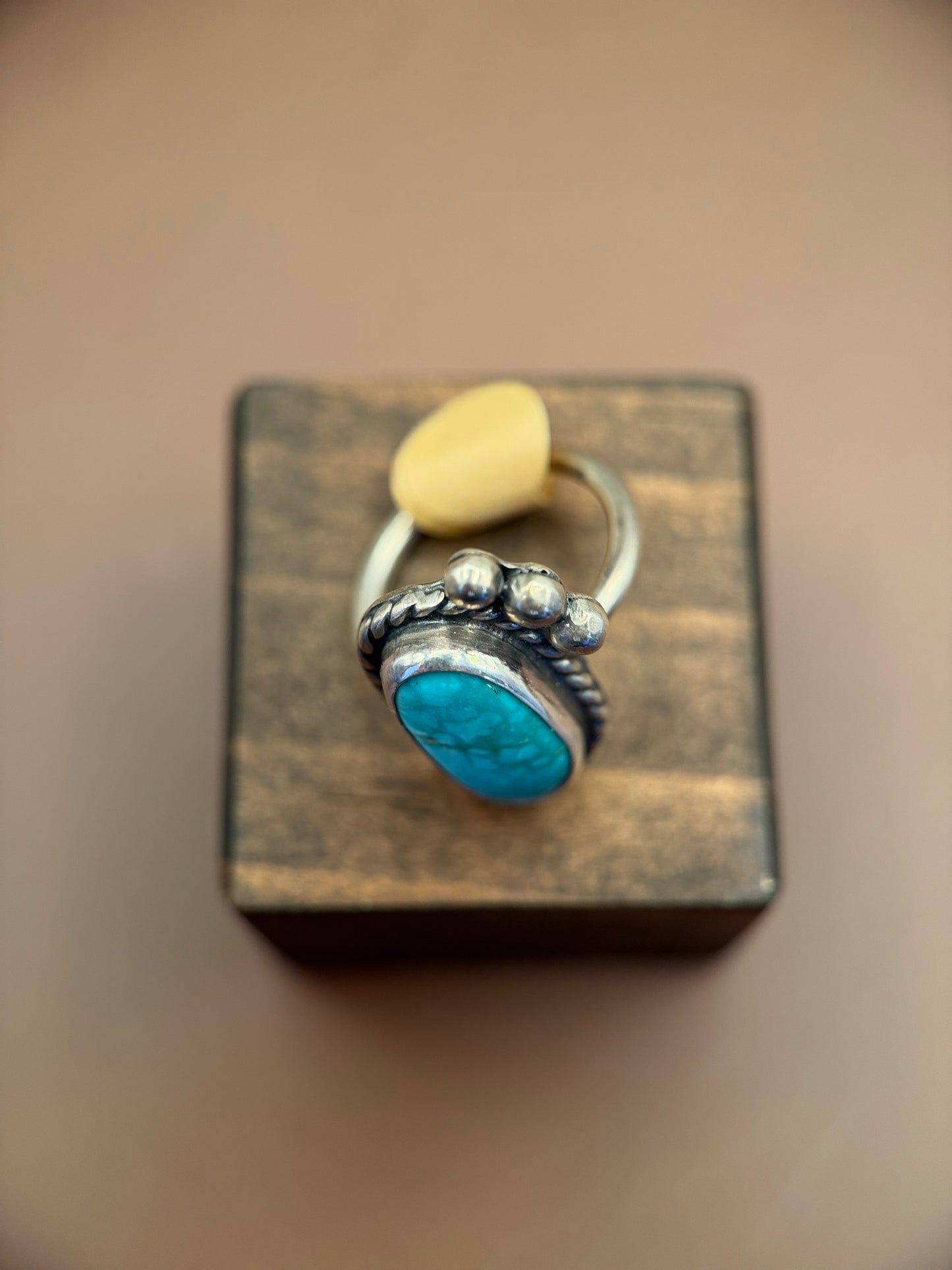 Oval Turquoise Ring with Beaded Silver Trim