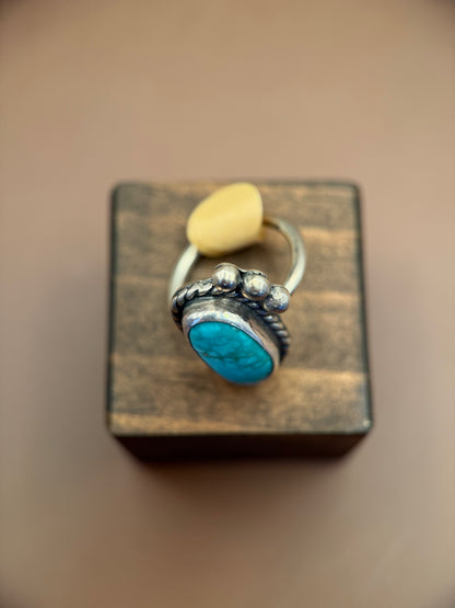 Oval Turquoise Ring with Beaded Silver Trim