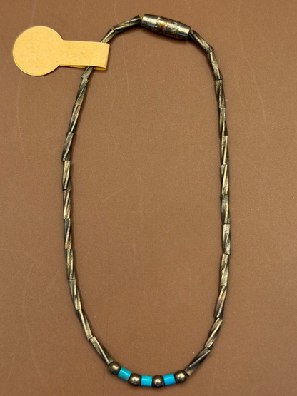 Thin Silver Bead Necklace, Turquoise Accents