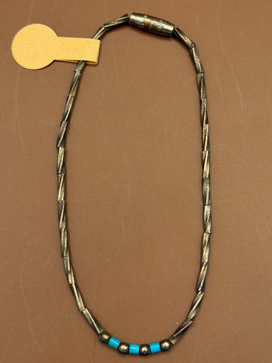 Thin Silver Bead Necklace, Turquoise Accents