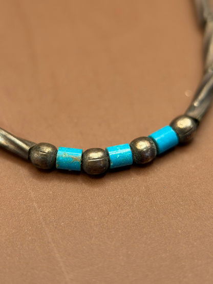 Thin Silver Bead Necklace, Turquoise Accents