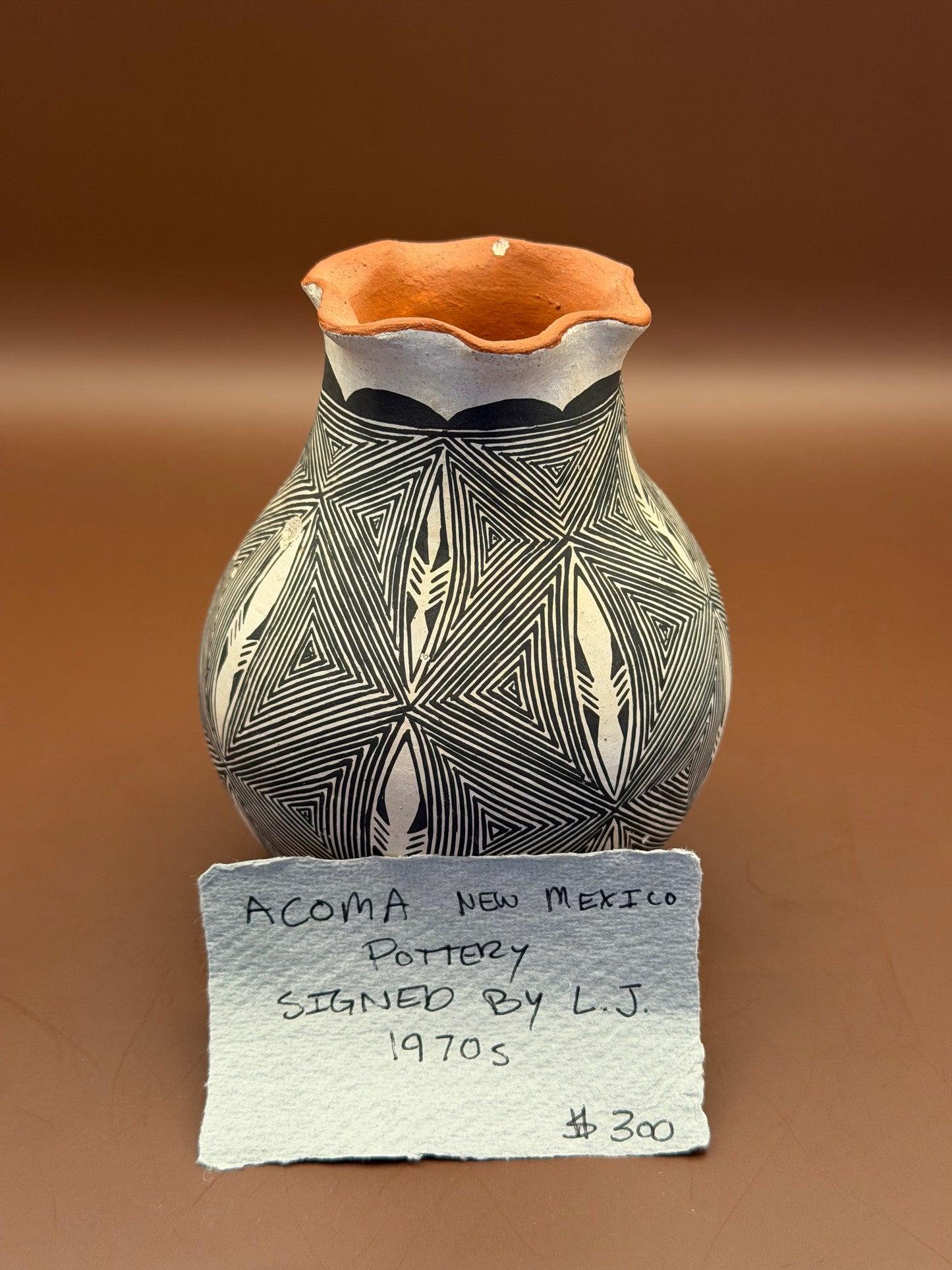 Acoma Pueblo Pottery Vase, Signed L.J., 1970s