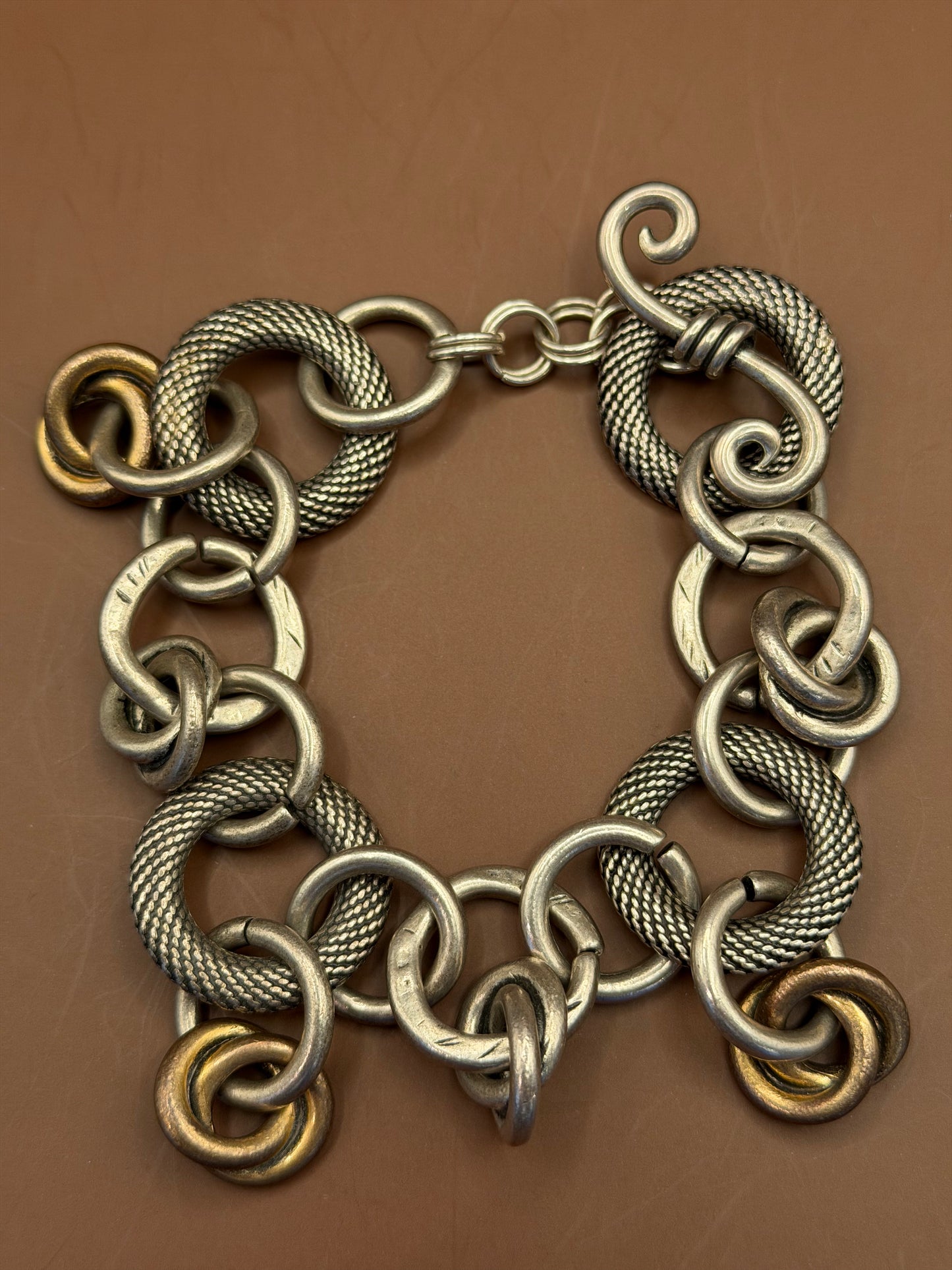 Textured Chain Link Bracelet, Sterling & Brass