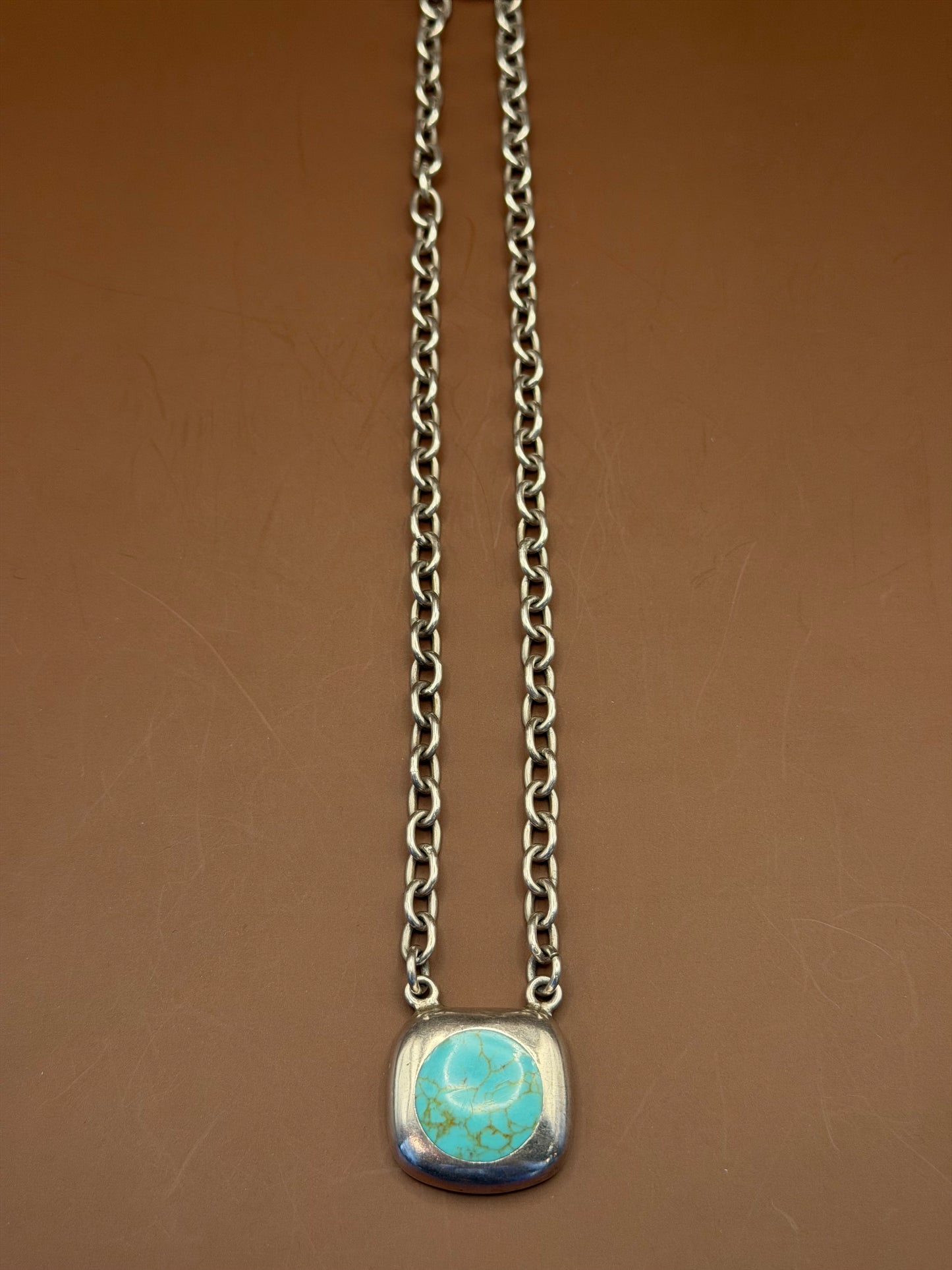 Square Turquoise Pendant Necklace, Sterling