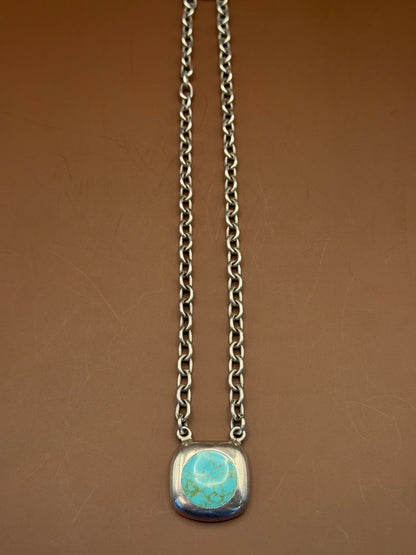 Square Turquoise Pendant Necklace, Sterling