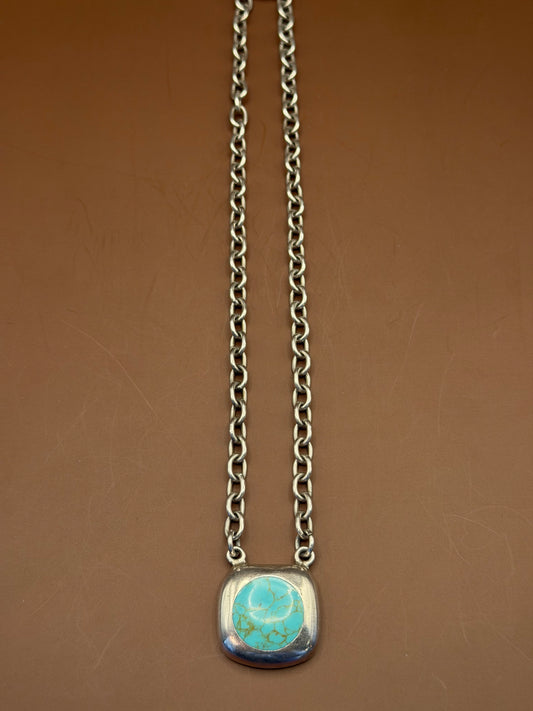 Square Turquoise Pendant Necklace, Sterling