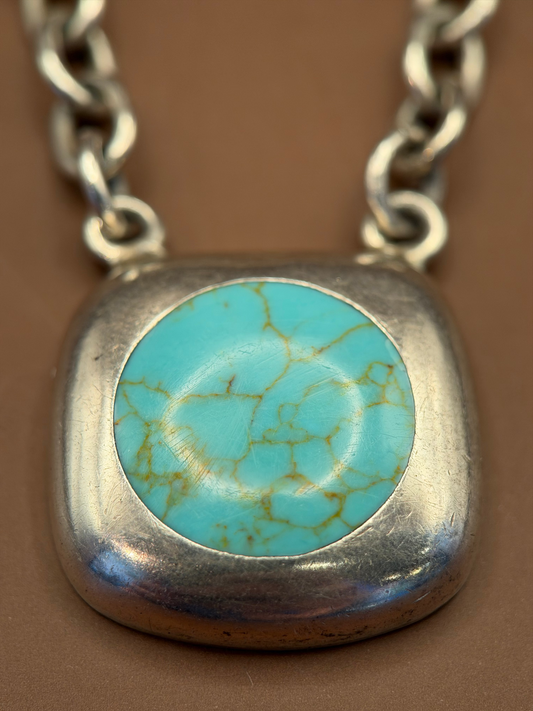 Square Turquoise Pendant Necklace, Sterling