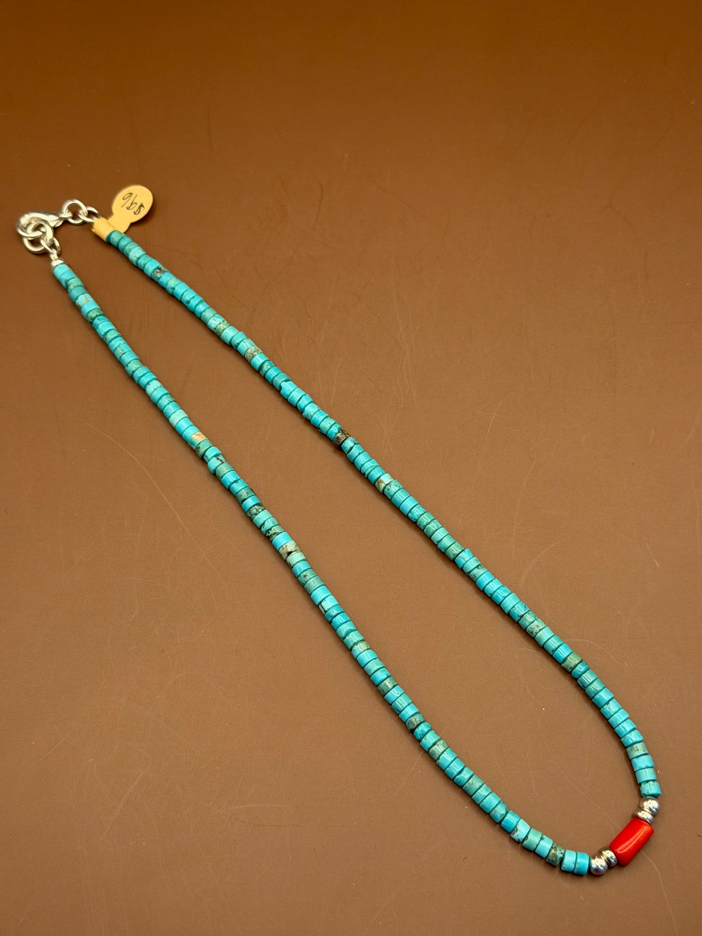 Turquoise Heishi Necklace with Coral Accent