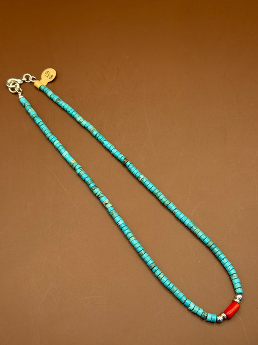 Turquoise Heishi Necklace with Coral Accent