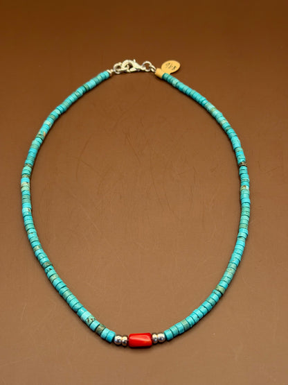 Turquoise Heishi Necklace with Coral Accent