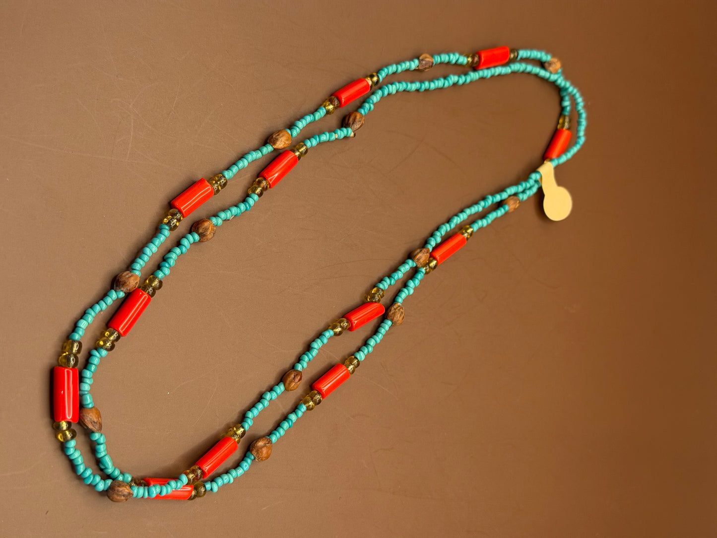 Long Beaded Strand -- Turquoise, Red & Wood