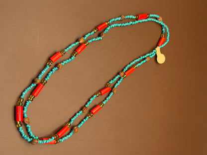 Long Beaded Strand -- Turquoise, Red & Wood