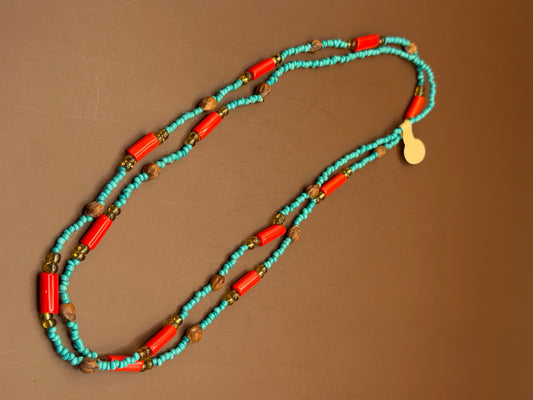 Long Beaded Strand -- Turquoise, Red & Wood