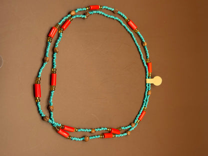 Long Beaded Strand -- Turquoise, Red & Wood