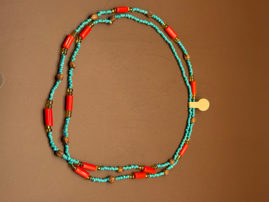 Long Beaded Strand -- Turquoise, Red & Wood