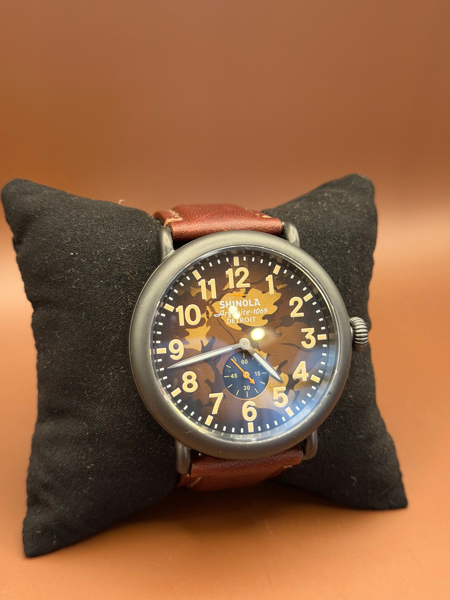 Shinola Runwell, Camo Dial -- Gunmetal & Leather 47mm