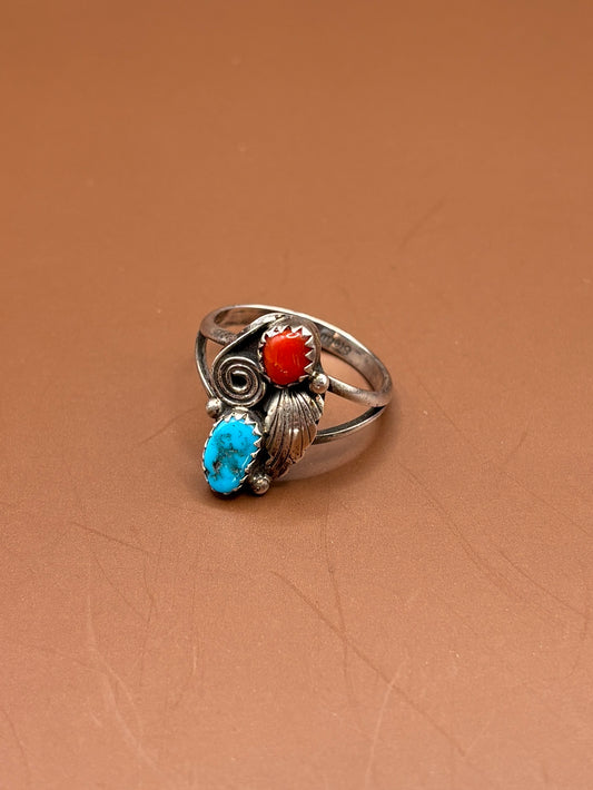 Vintage Silver, Turquoise and Coral Ring - Size 7.5