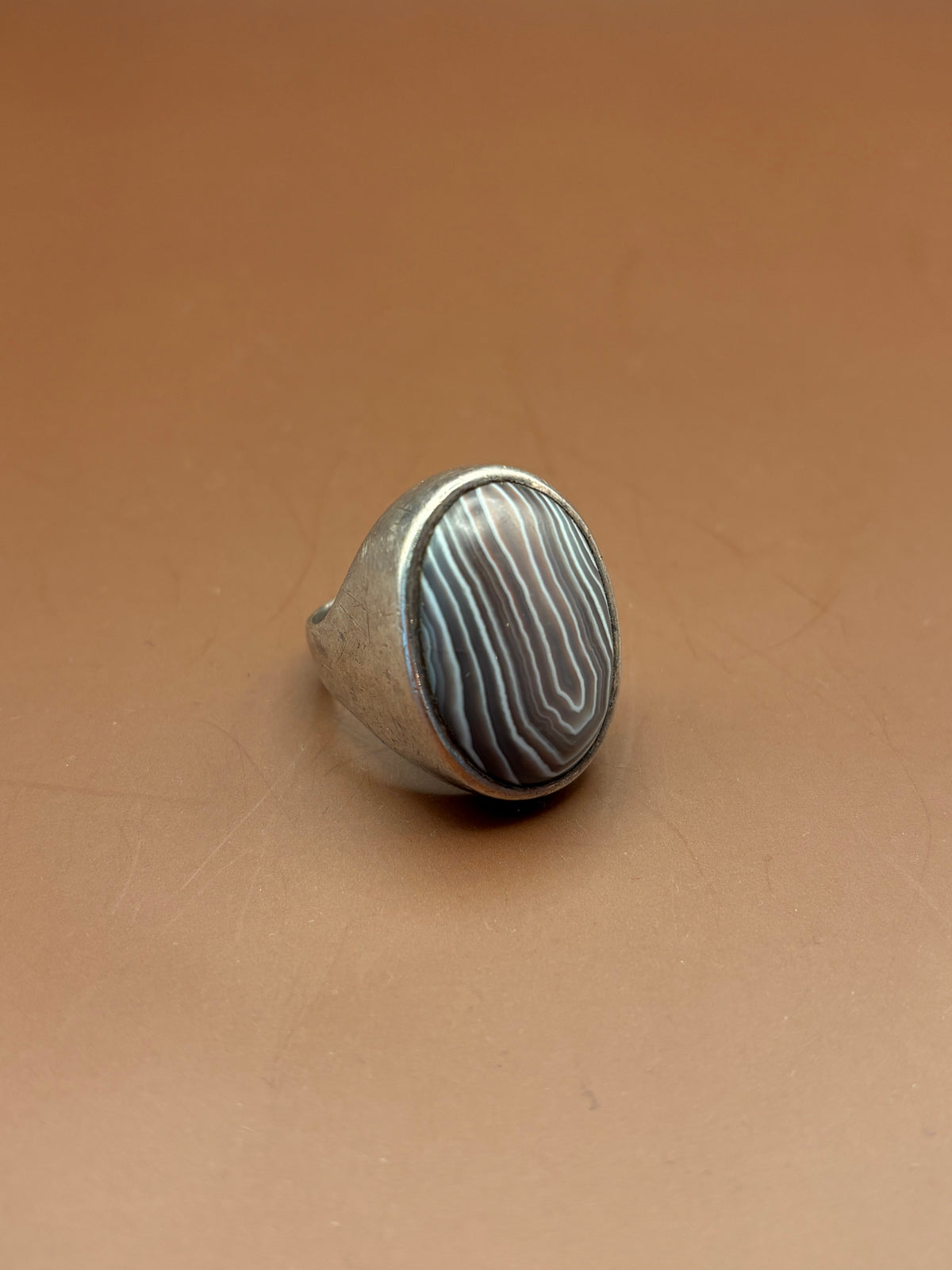 Silver Ring with Oval Banded Agate Size 7.5