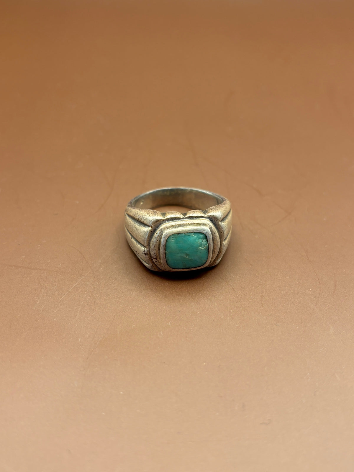 Vintage Southwestern Sterling Silver Chunky Oval Turquoise Signet Ring - Size 12.25