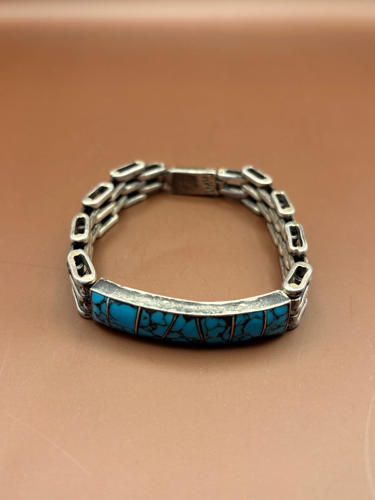 Vintage Southwestern Sterling Silver Turquoise Channel Grid Inlay Track Bracelet - Size 8"