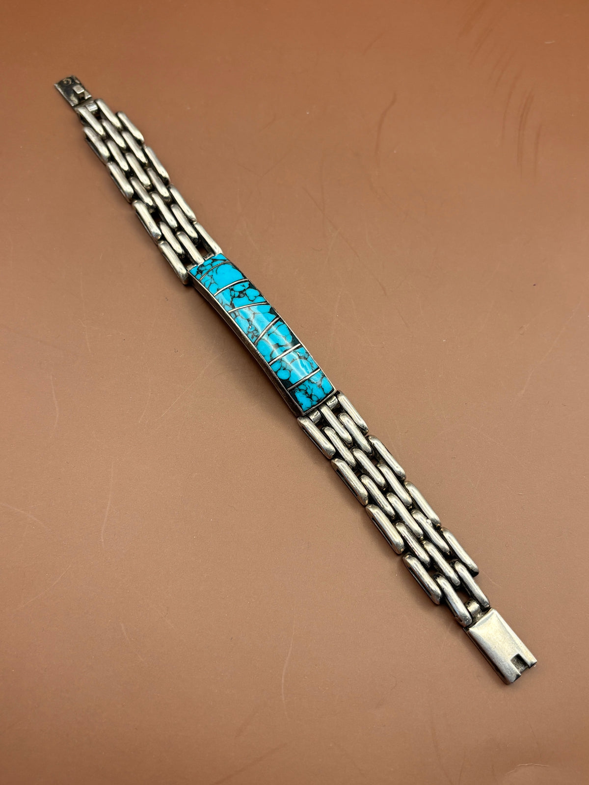Vintage Southwestern Sterling Silver Turquoise Channel Grid Inlay Track Bracelet - Size 8"