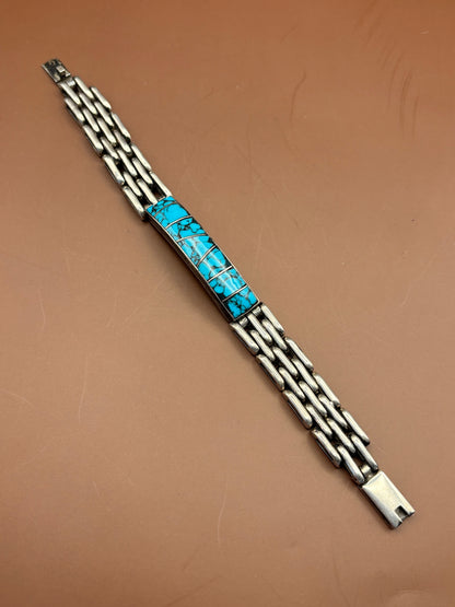Vintage Southwestern Sterling Silver Turquoise Channel Grid Inlay Track Bracelet - Size 8"