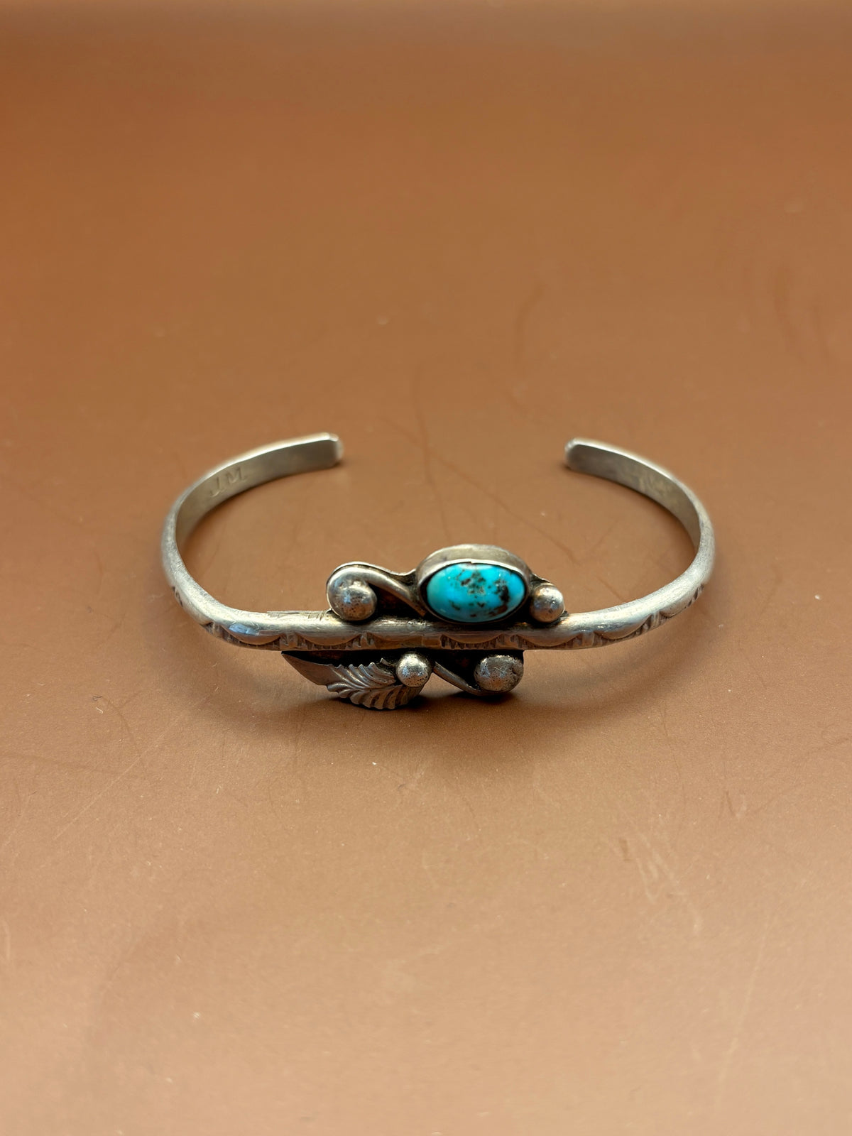 Vintage Navajo Sterling Silver Leaf & Feather Turquoise Cuff Bracelet – Signed J.M. - Size 7"