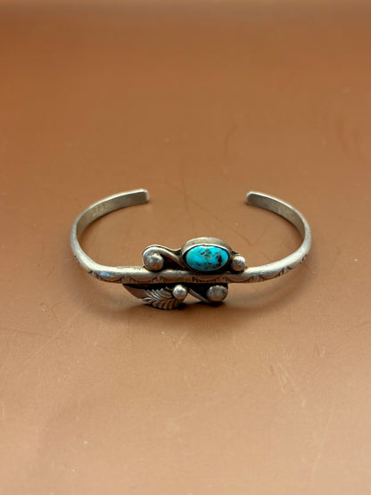 Vintage Navajo Sterling Silver Leaf & Feather Turquoise Cuff Bracelet – Signed J.M. - Size 7"
