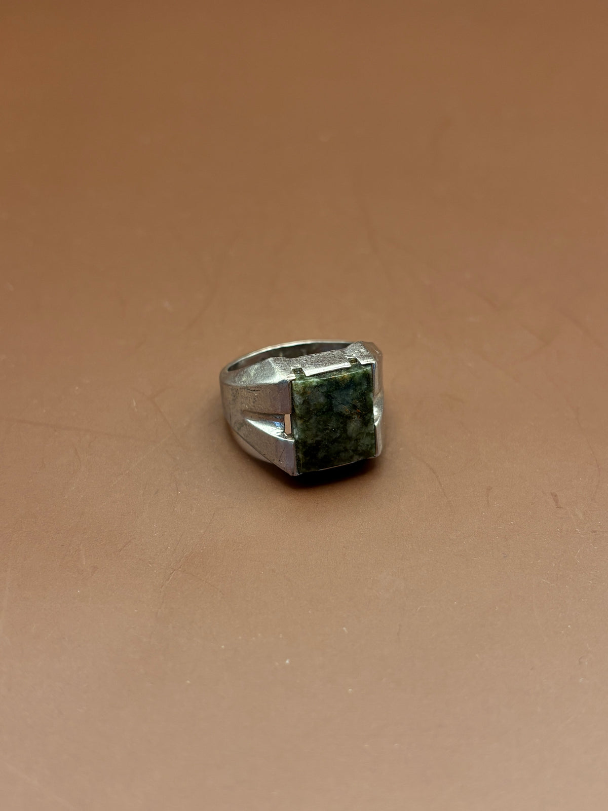 Vintage Men's Modernist Sterling Silver Square Green Moss Agate Statement Ring - Size 7.5