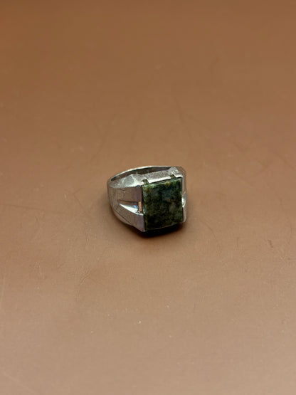 Vintage Men's Modernist Sterling Silver Square Green Moss Agate Statement Ring - Size 7.5