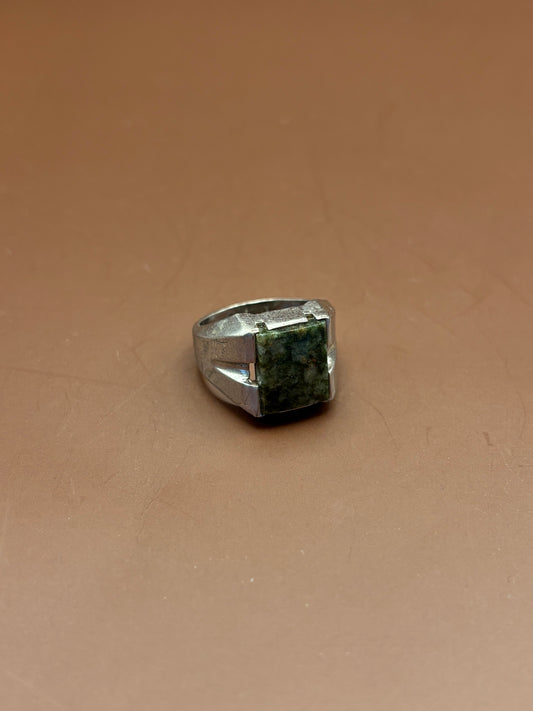 Vintage Men's Modernist Sterling Silver Square Green Moss Agate Statement Ring - Size 7.5
