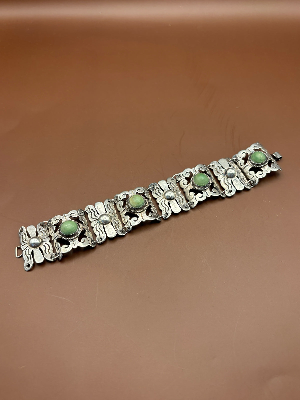Vintage Mexican Ornate Sterling Silver & Green Jasper Cabochon Panel Link Bracelet