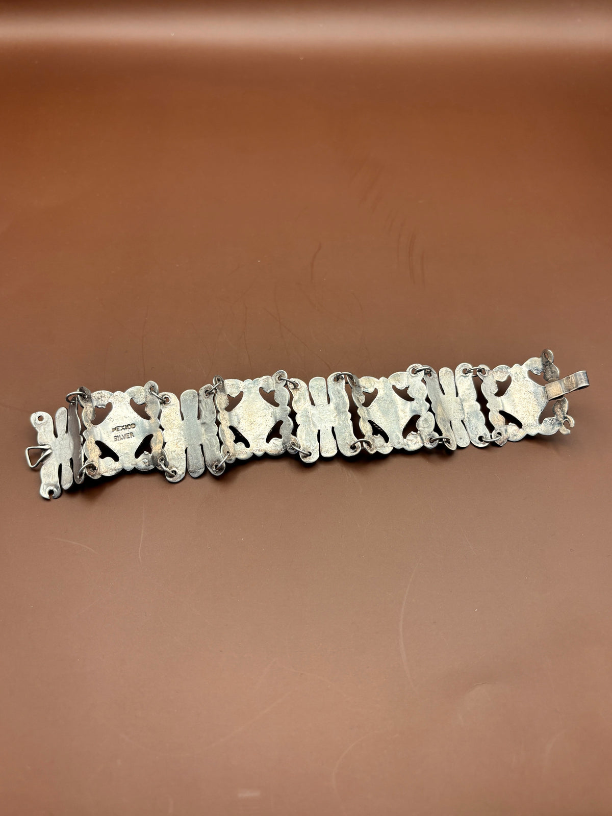 Vintage Mexican Ornate Sterling Silver & Green Jasper Cabochon Panel Link Bracelet