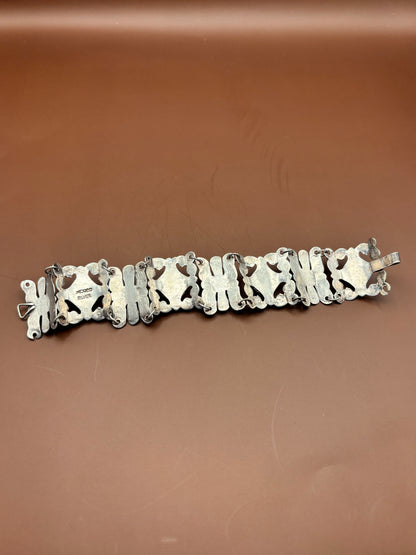 Vintage Mexican Ornate Sterling Silver & Green Jasper Cabochon Panel Link Bracelet