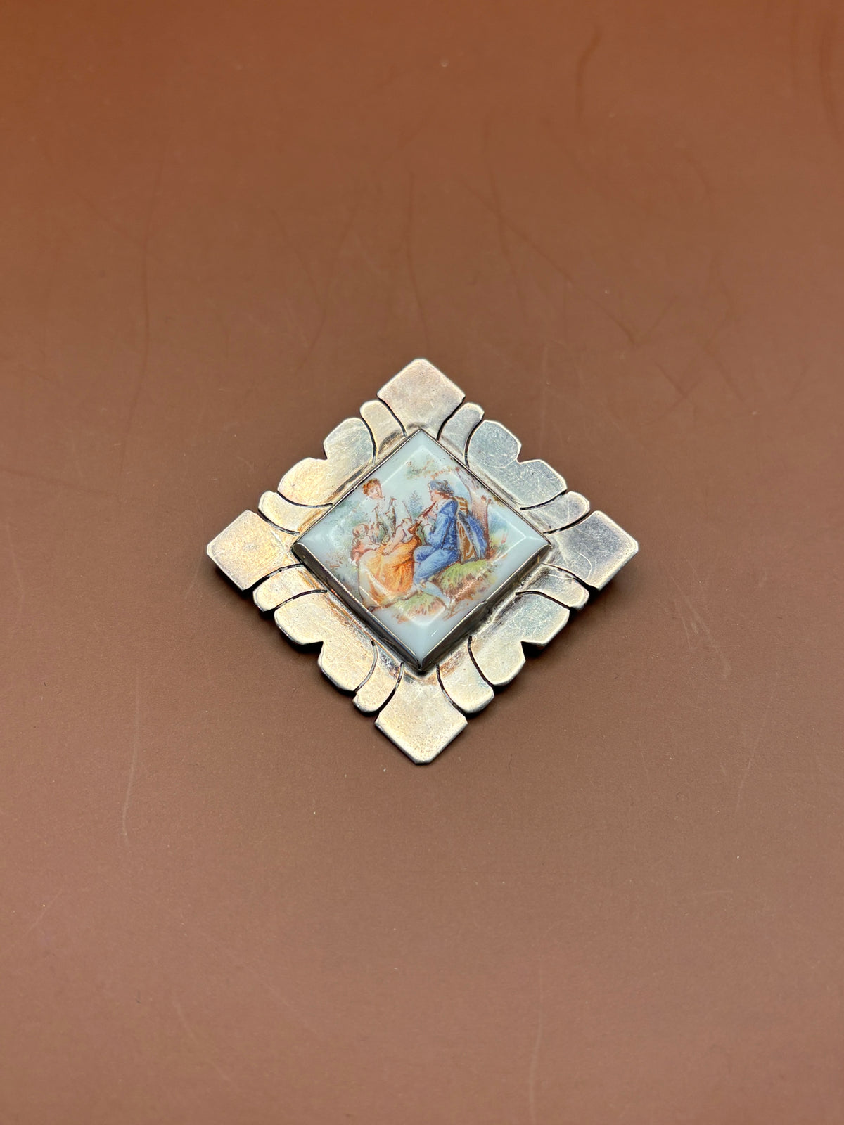 Vintage Fragonard Limoges Style Porcelain Courting Couple Silver Diamond Brooch