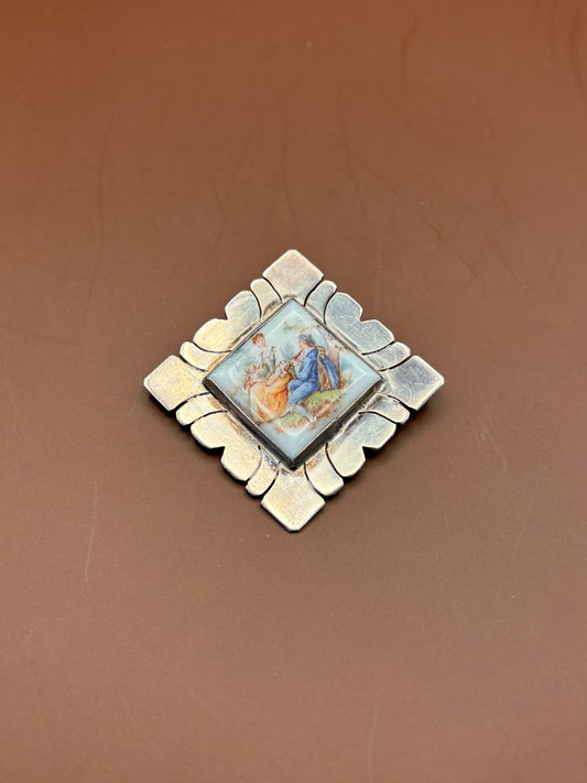 Vintage Fragonard Limoges Style Porcelain Courting Couple Silver Diamond Brooch